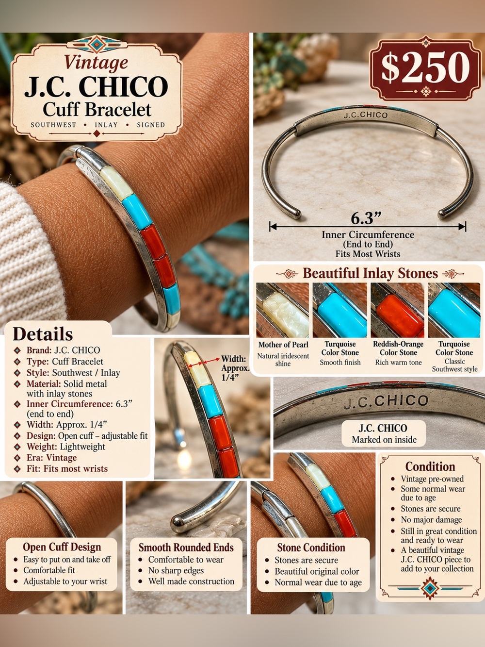 Vintage handmade Native American Zuni inlaid turquoise silver cuff bracelet - Picture 16 of 16